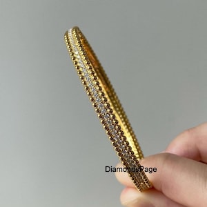 14k Yellow Gold Party Wear Bangle, 2.20 MM Round Cut Lab Grown Diamond Bangle, Two Side Beaded Edge Bangle, Full Eternity Wedding Bangle