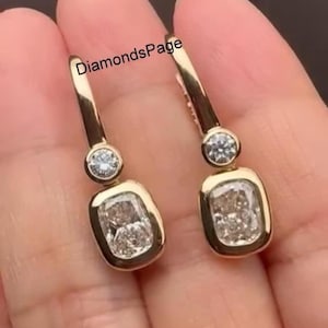 4 TCW Elongated Cushion & Round Cut Moissanite Diamond Earrings For Women, Bezel Set Diamond Earrings, Two Stone Earrings In 14K Yellow Gold