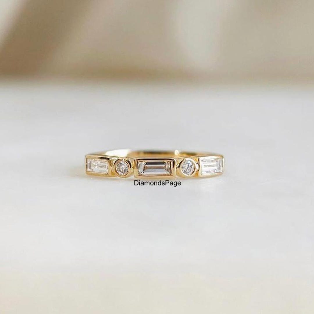 Baguette & Round Cut Bezel Set Moissanite Band, Horizontal Diamond Half ...