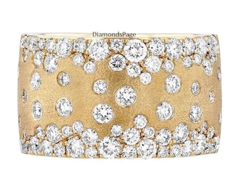 14k Gelbgold Band mit mattem Finish, Flush Set Runde Brilliant Cut Lab Grown Diamant Band, Cluster Ehering, breite Zigarre Band für Frauen