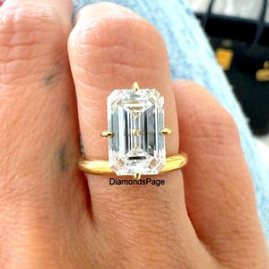 14k Yellow Gold Engagement Ring, Compass Prong Setting Solitaire Ring, 12x8 MM Emerald Cut Moissanite Ring, Version Off Set Diamond Ring