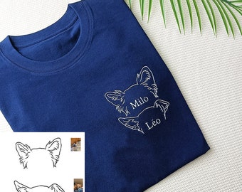Dog Ears outline embroidery,Custom Embroidered T-shirt,Pet Ears Portrait,Personalized Dog Short Sleeve,Special Birthday Gift,Cat Lover Gift