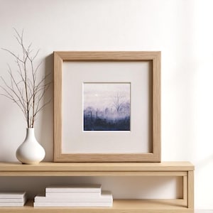 Misty Moon Watercolor Art Print | Minimalist Foggy Landscape | Violet Wall Art | 5x5" Cotton Paper Print | Soft Tonalist Nature Decor