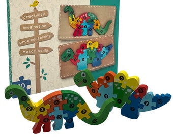 3D Wooden Dinosaur Jigsaw Puzzles (2 pack) for Ages 3-8 with Colours & Numbers.