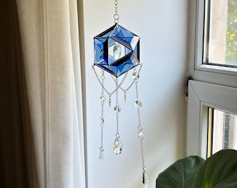 Acchiappasole in vetro colorato con prisma di cristallo, ornamento in vetro sfaccettato per finestre, riflessi arcobaleno, prisma di luce solare, arredamento boho, creatore di arcobaleni