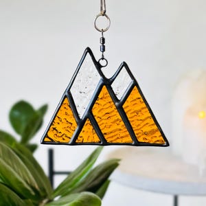 Geometric Stained Glass Mountain Suncatcher: Boho Window Decor