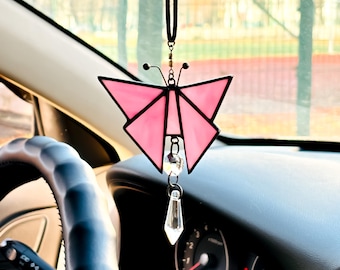 Glass Butterfly Car Mirror Charm | Rearview Suncatcher Ornament | Colorful Auto Decor | Travel Gift for Dreamers | Boho Car Accessory