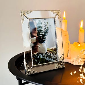 Glass Frame for 4x6″ (10x15 cm.) Photo, Silver/Copper/Black Tabletop Frame, Ornate Wedding Keepsake, Stained Glass Frame, Frame for Memories