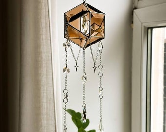 Stained Glass Suncatcher with Crystal Prism, Window Faceted Glass Ornament, Rainbow Reflections, Sunlight Prism, Boho Decor, Rainbow maker