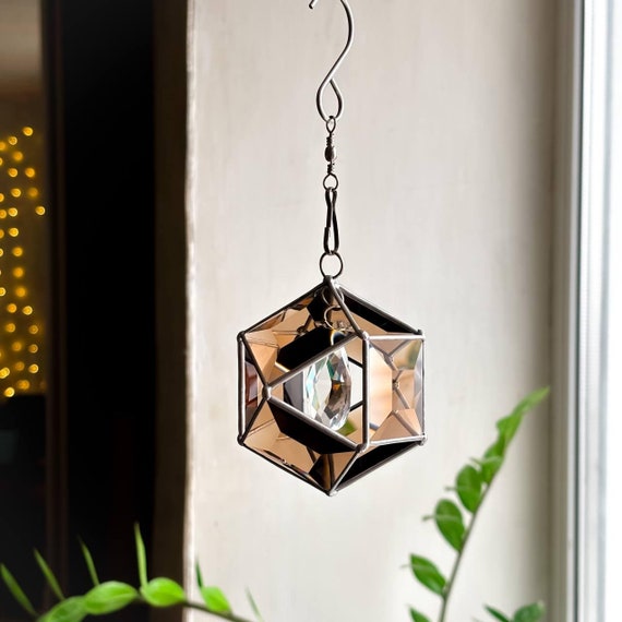 Brown Stained Glass Sun Catcher with Crystal Prism, Geometric Hanging Window Decor, Faceted Glass Ornament, Shiny Gift for Home, Boho charm