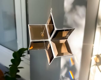 Earthy Brown Stained Glass Star Sun Catcher - Rainbow Maker Window Hanging Decor