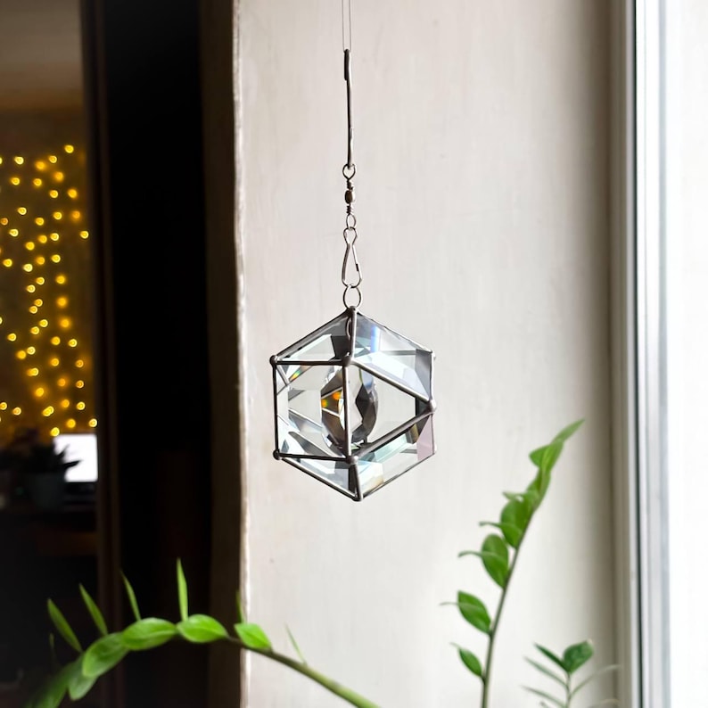 Brun solfångare i målat glas med kristallprisma, geometrisk hängande fönsterdekor, fasetterad glasprydnad, glänsande present till hemmet, bohemisk charm bild 20