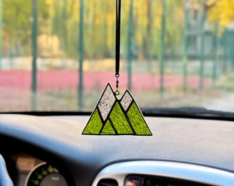 Stained Glass Car Sun Catcher: Green/Orange/Blue Mountain Rearview Mirror Charm, Rear View Mirror Decor, Boho Travel Gift for Nature Lovers.