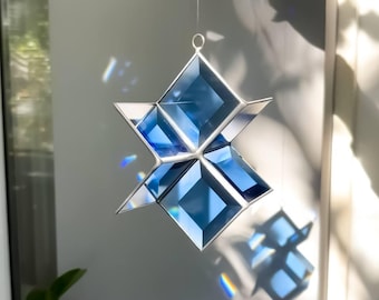 Sky Blue Stained Glass Star Sun Catcher - Geometric Window Hanging, Rainbow Maker