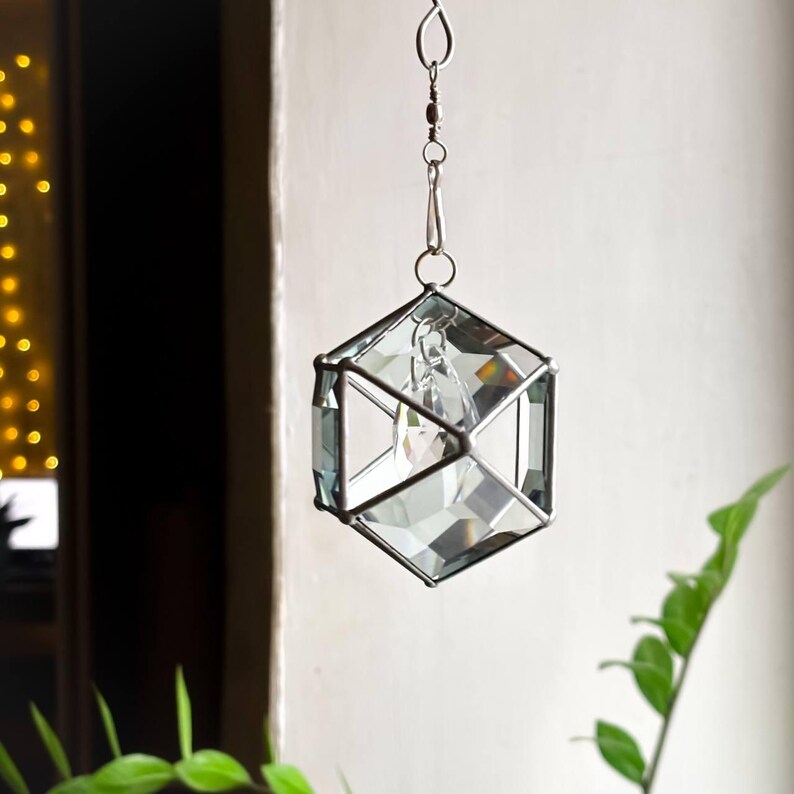 Brun solfångare i målat glas med kristallprisma, geometrisk hängande fönsterdekor, fasetterad glasprydnad, glänsande present till hemmet, bohemisk charm bild 18