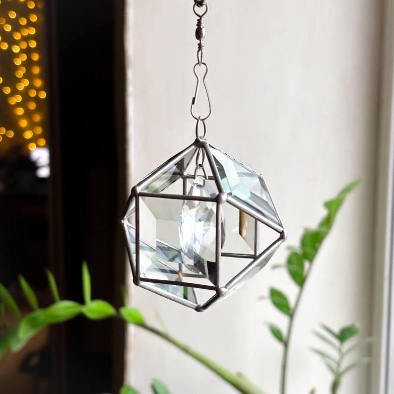 Brun solfångare i målat glas med kristallprisma, geometrisk hängande fönsterdekor, fasetterad glasprydnad, glänsande present till hemmet, bohemisk charm Klar
