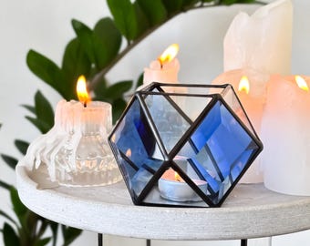 Geometric Stained Glass Tealight Holder: Handmade Polygon Candle Lantern