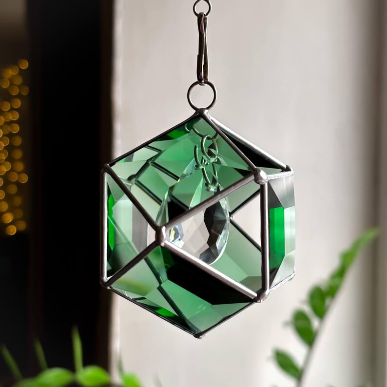 Brun solfångare i målat glas med kristallprisma, geometrisk hängande fönsterdekor, fasetterad glasprydnad, glänsande present till hemmet, bohemisk charm bild 13