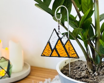 Stained Glass Mountain Plant Stake – Handmade Suncatcher Decor for Indoor or Outdoor Plants, Unique Blue Glass Garden Art Gift