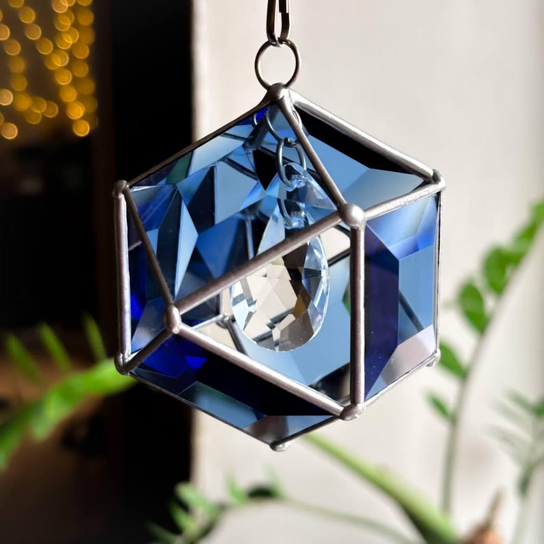 Brun solfångare i målat glas med kristallprisma, geometrisk hängande fönsterdekor, fasetterad glasprydnad, glänsande present till hemmet, bohemisk charm bild 10