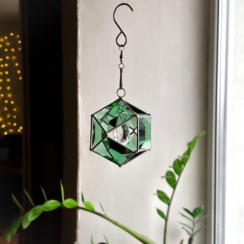 Brun solfångare i målat glas med kristallprisma, geometrisk hängande fönsterdekor, fasetterad glasprydnad, glänsande present till hemmet, bohemisk charm bild 16