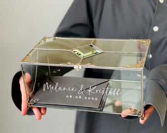 Personalized Wedding Card Box, Vintage Metal Glass Card Box for Envelopes, Wedding Card Holder, Reception Card Box, Glass Letter Box
