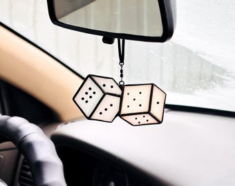 Stained Glass Car Charm | Dice Rear View Mirror Hanging | Handmade Car Accessory | Aesthetic Auto Decor | Unique Gift for Driver