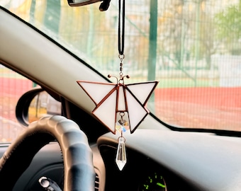 Stained Glass Butterfly Car Charm, Handmade Rearview Mirror Hanging, Tiffany Technique Suncatcher, Boho Auto Decor Gift