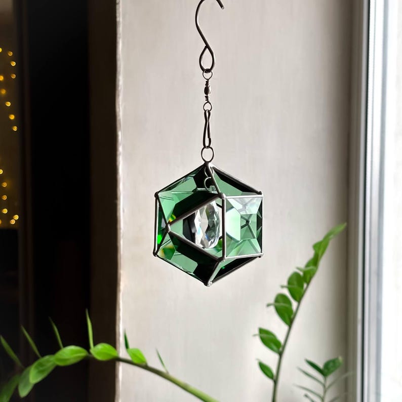 Brun solfångare i målat glas med kristallprisma, geometrisk hängande fönsterdekor, fasetterad glasprydnad, glänsande present till hemmet, bohemisk charm bild 15
