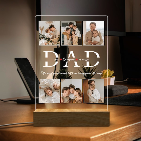 Veilleuse photo personnalisée, cadeaux pour la fête des pères, cadeaux personnalisés, veilleuse de chambre à coucher, cadeau pour papa, meilleur papa de tous les temps, nom lumineux personnalisé