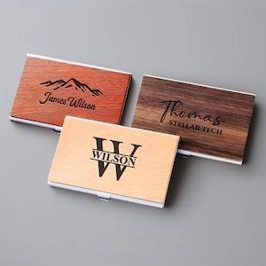 Tarjetero de madera personalizado hecho a mano, tarjetero de madera personalizado, regalo de empresa minimalista vintage, regalo para él, regalo de cumpleaños.