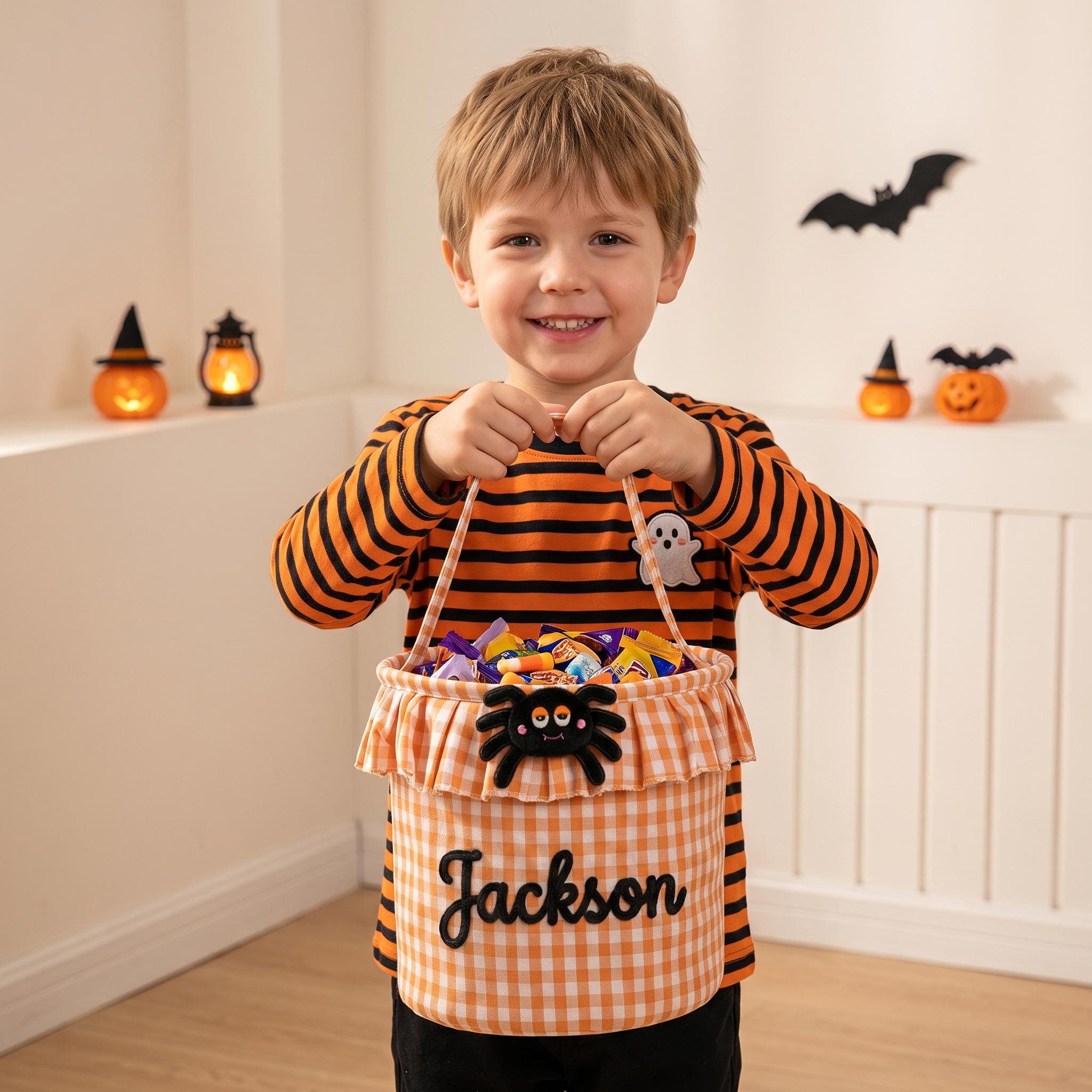 Personalized Halloween Basket, Gingham Trick or Treat Candy Basket for Kids, Custom Name Fabric Pumpkin Basket, Baby Party Decor Gift