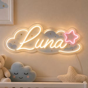 Little Star Name Sign for Nursery, Custom Luna Cloud Name Light, UV Printed LED Neon Sign for Baby Room Decor and Baby Shower Gift