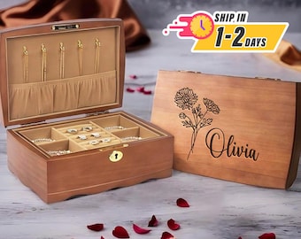 Wooden Box Personalized Gifts, Custom Jewelry Box Best Gifts for Her, Wooden Jewelry Organizer, Custom Birth Flower Host Gift,Handmade Gift
