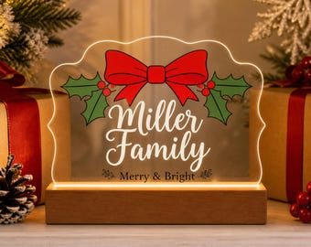 Personalized Christmas Night Light, Custom Family Mantel Decor, LED Acrylic Shelf Sign, Merry And Bright Holiday Keepsake Gift For Home
