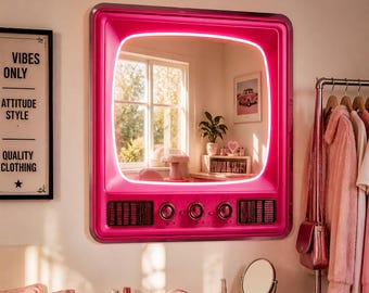 Retro TV Mirror Neon Sign, Custom Aesthetic Room Decor, Y2K Style LED Vanity Mirror, Personalized Vintage TV Light, Unique Bedroom Decor