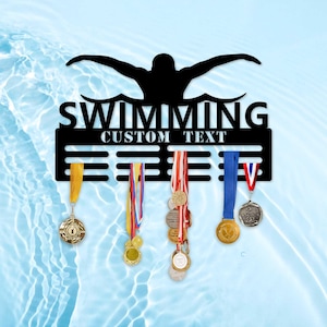 Custom Swimming Medal Hanger Monogram,  Personalized Gifts, 12 Rungs for medals & Ribbons, Medal Display, Personalized Sports Medal hanger