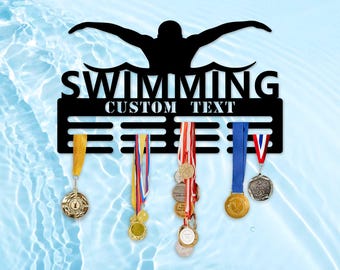 Custom Swimming Medal Hanger Monogram,  Personalized Gifts, 12 Rungs for medals & Ribbons, Medal Display, Personalized Sports Medal hanger