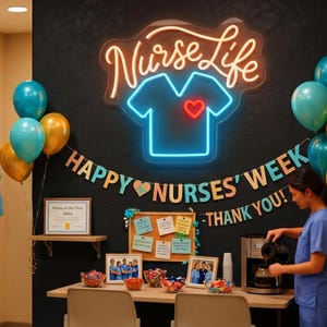 May include: A neon sign displaying the text Nurse Life above a blue neon scrub top outline with a red heart. A banner reads HAPPY NURSES' WEEK THANK YOU! with a heart icon. Below are a certificate, a cork board with notes, and candy bowls.