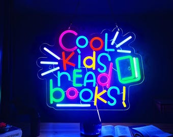 Cool Kids Read Books Neon Sign,Library Neon Sign,Coffee Book Light Sign, Custom Rainbow name LED Decor, Nerd Light Sign, Study Room Sign