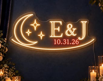 Custom Celestial Wedding Neon Sign with Couple Initials and Date, Moon and Stars Sweetheart Table Decor, Anniversary Gift for Newlyweds