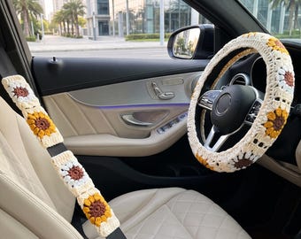 Crochet Flower Steering Wheel Cover & Seat Belt Covers, Handmade Boho Floral Car Accessories, Cute Knit Car Decor Gift