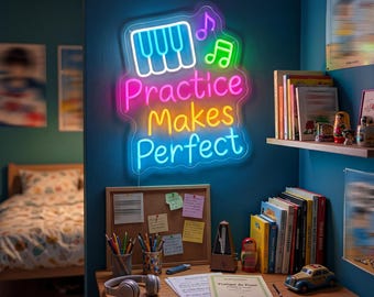 Practice Makes Perfect Piano Neon Sign, Colorful Music LED Light, Music Studio Wall Decor, Music Teacher & Student Gift