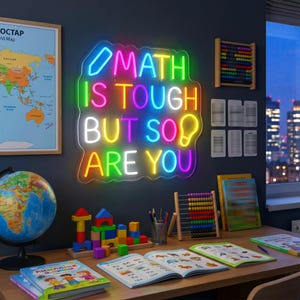 May include: A colorful neon sign with the text "MATH IS TOUGH BUT SO ARE YOU" hangs on a dark wall. A globe, books, and an abacus sit on a wooden desk, suggesting a learning environment. The sign's bright colors contrast with the room's dim lighting.