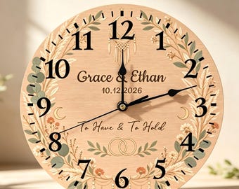 Personalized Wedding Clock, Custom Boho Wall Clock with Couple Names and Date, Rustic Anniversary Gift for Newlyweds or Home Decor