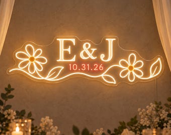Custom Wildflower Wedding Neon Sign with Couple Initials and Date, Daisy Sweetheart Table Decor, Garden Reception Sign and Anniversary Gift