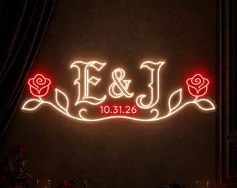 Custom Wedding Neon Sign with Gothic Initials and Date, Red Rose Couple Sign for Sweetheart Table, Anniversary Gift and Reception Decor