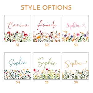 May include: Six square art prints with floral designs and names in various fonts. The names are Carina, Amanda, and Sophia. Each print has a different floral border with colorful flowers and greenery. The text "STYLE OPTIONS" is at the top.