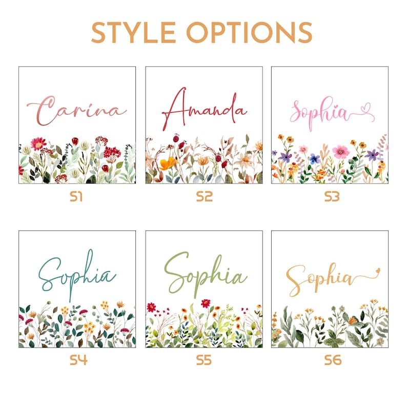 May include: Six square art prints with floral designs and names in various fonts. The names are Carina, Amanda, and Sophia. Each print has a different floral border with colorful flowers and greenery. The text "STYLE OPTIONS" is at the top.