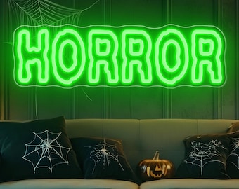 Neon HORROR, dekoracja pokoju z motywem horroru, neonowy znak na imprezę halloweenową, makabryczny, upiorny wystrój pokoju, niestandardowy znak LED do pokoju gier, wystrój gotycki